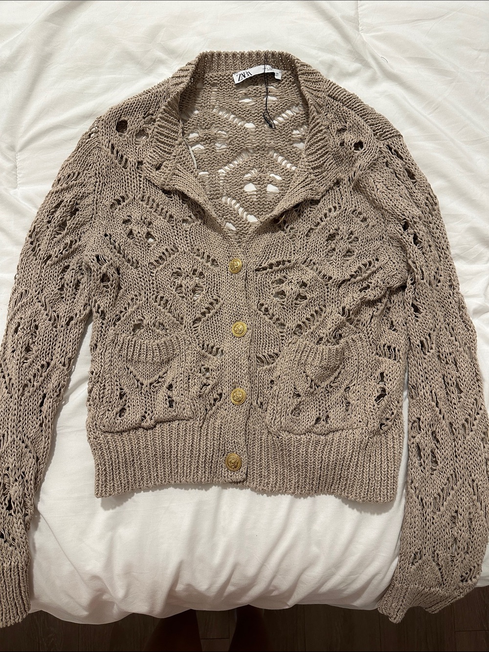 Zara Taupe Openwork Knit Button-Front Cardigan